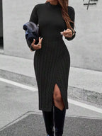 Full Size Mock Neck Cable Knit Sweater Dress Front Slit Plus (11)