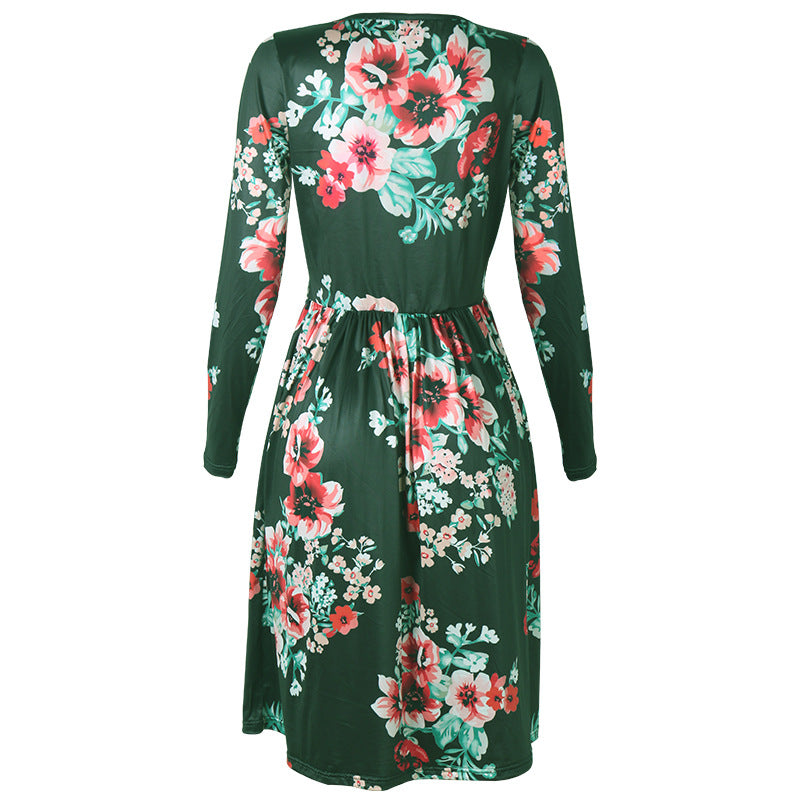 Printed Long Sleeve V-neck Pocket Dress photo 2