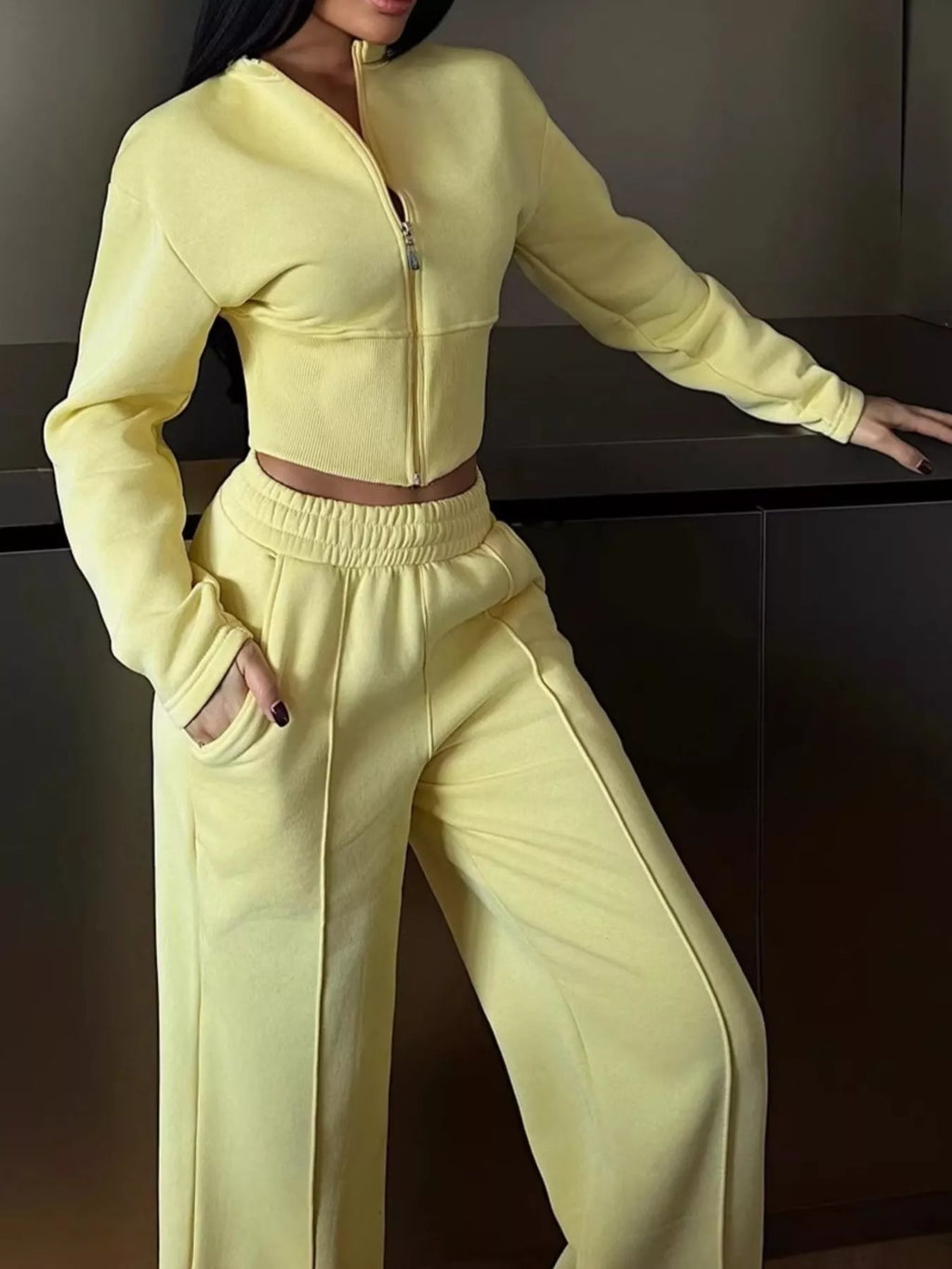 Zip-up Crop Jacket Wide-leg Pants Set (23)