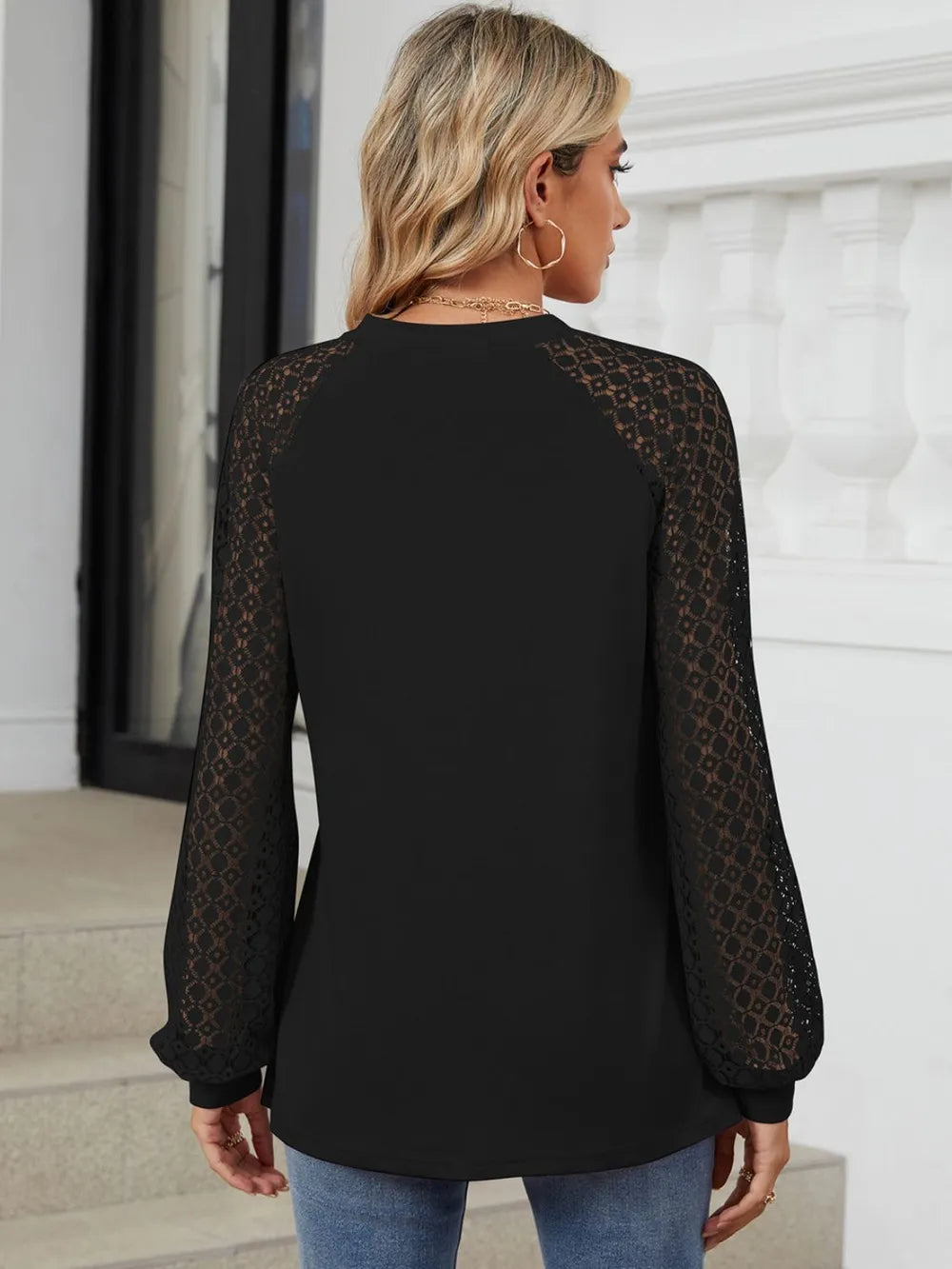Round Neck Lace Long Sleeve Top (15)