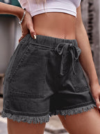 Drawstring Raw Hem Denim Shorts (14)