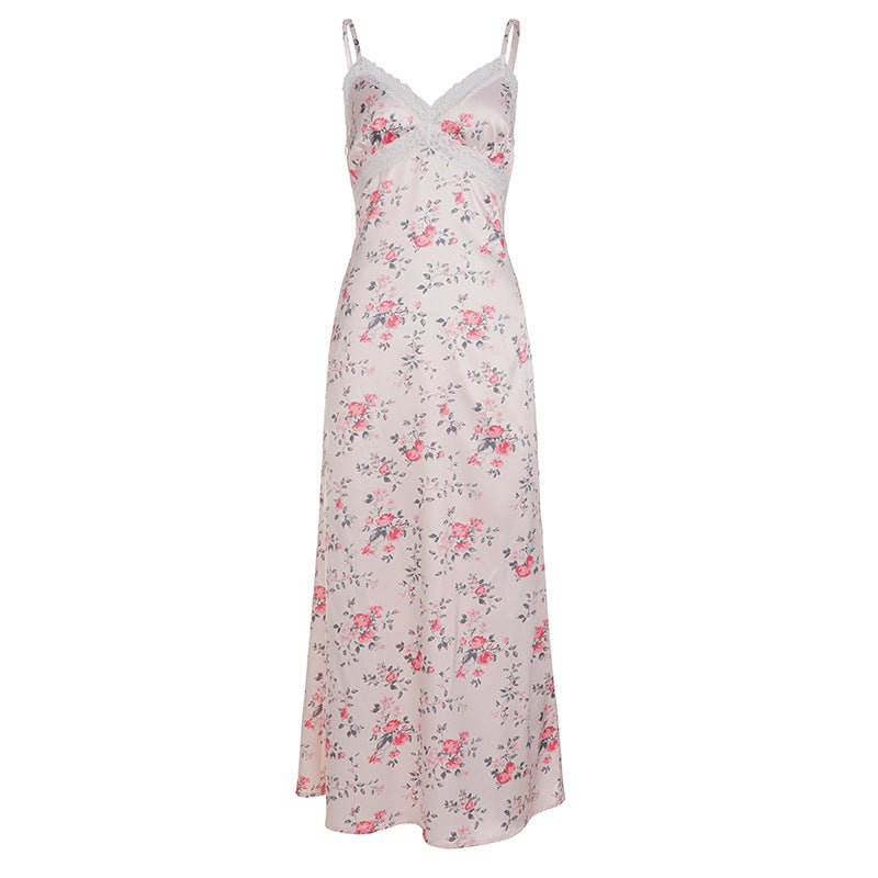 Floral-print Lace-spliced Deep V-neck Slip Dress variant CJLY279479001AZ|CJLY279479002BY|CJLY279479003CX