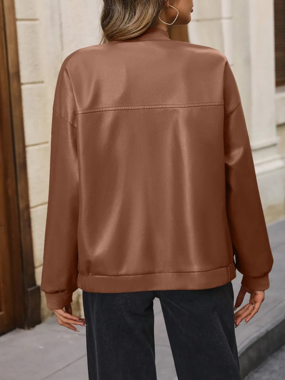 Zip Up Baseball Collar Dropped Shoulder Jacket (9)
