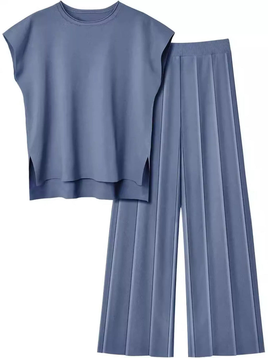 Casual Solid Color Cap Sleeve Top Pants Knit Set (36)