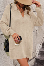 Collared Neck Long Sleeve Sweater Dress Pockets (9)