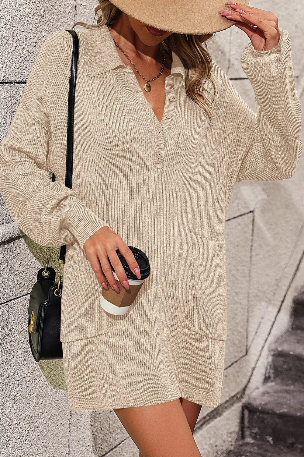 Collared Neck Long Sleeve Sweater Dress Pockets (9)