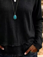 V-neck Frayed Hem Long Sleeve T-shirt (9)