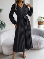 Pleated Tied V-neck Long Sleeve Dress (27)