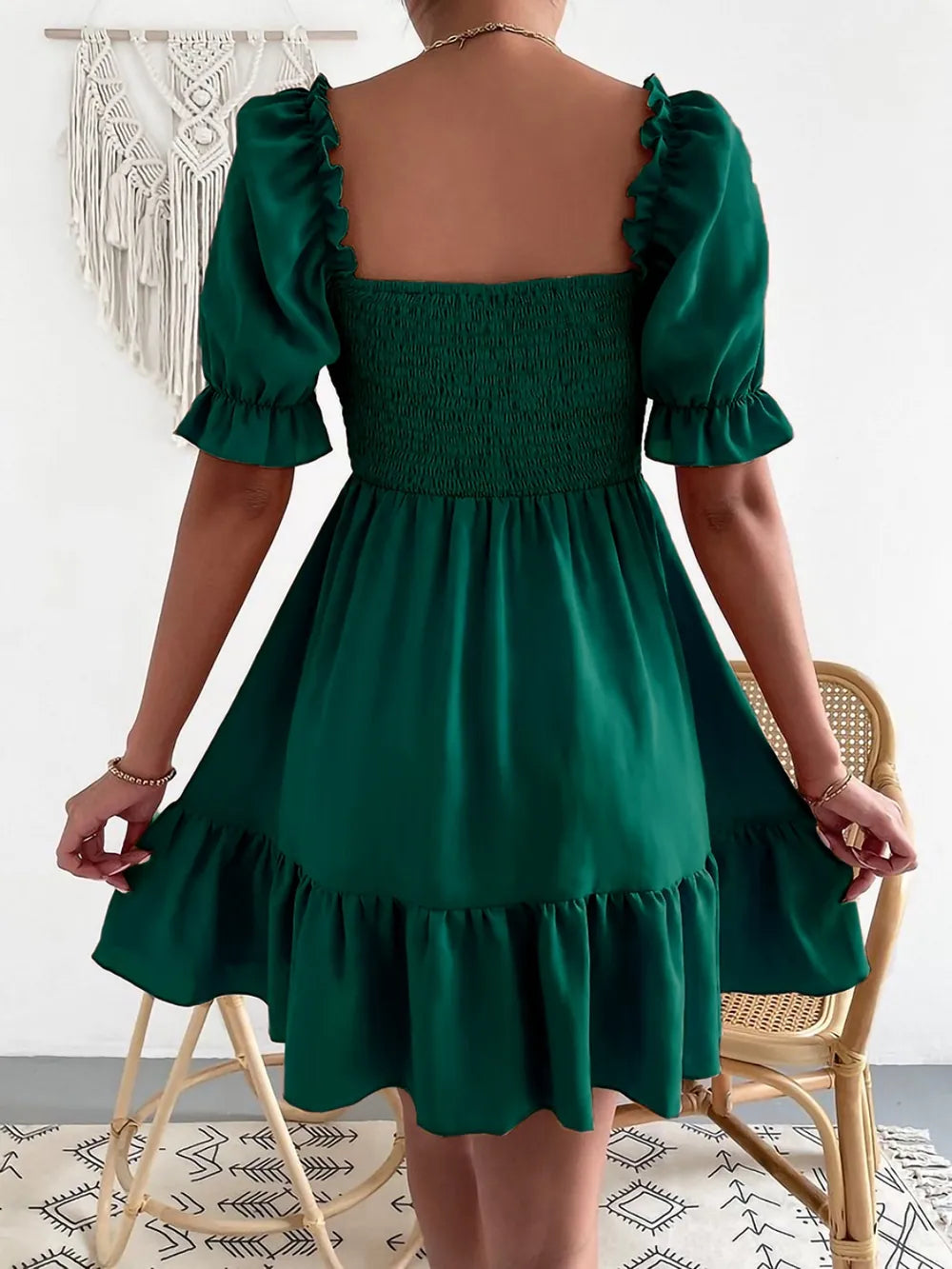 Smocked Square Neck Short Sleeve Dress (2)