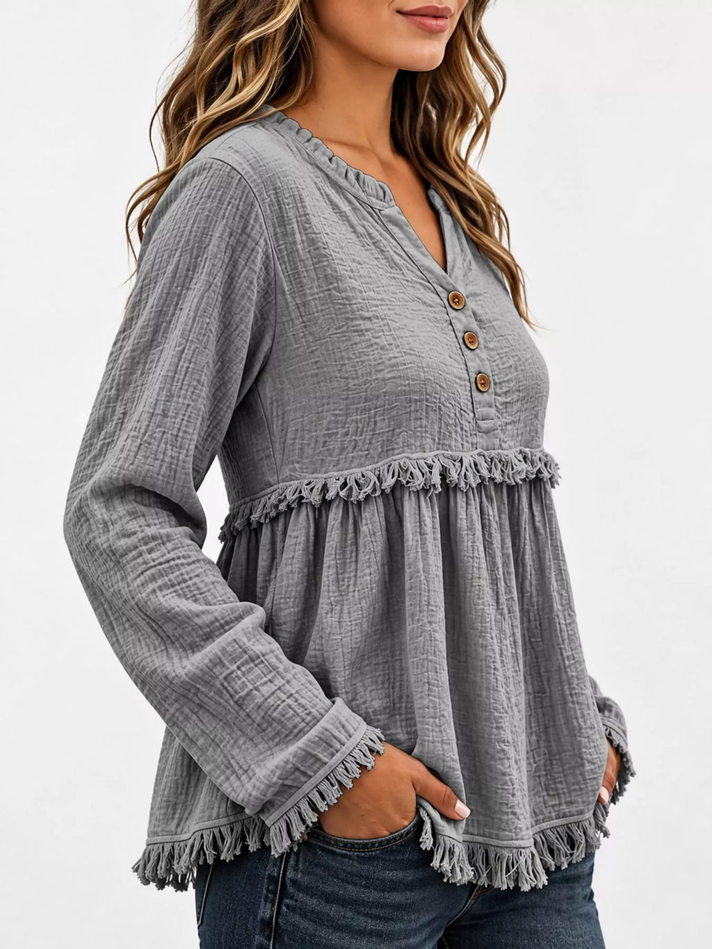 Full Size Frayed Hem Button Detail Blouse Plus (17)
