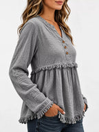 Full Size Frayed Hem Button Detail Blouse Plus (17)