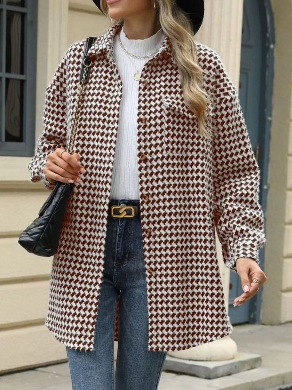 Houndstooth Button Up Long Sleeve Coat (18)