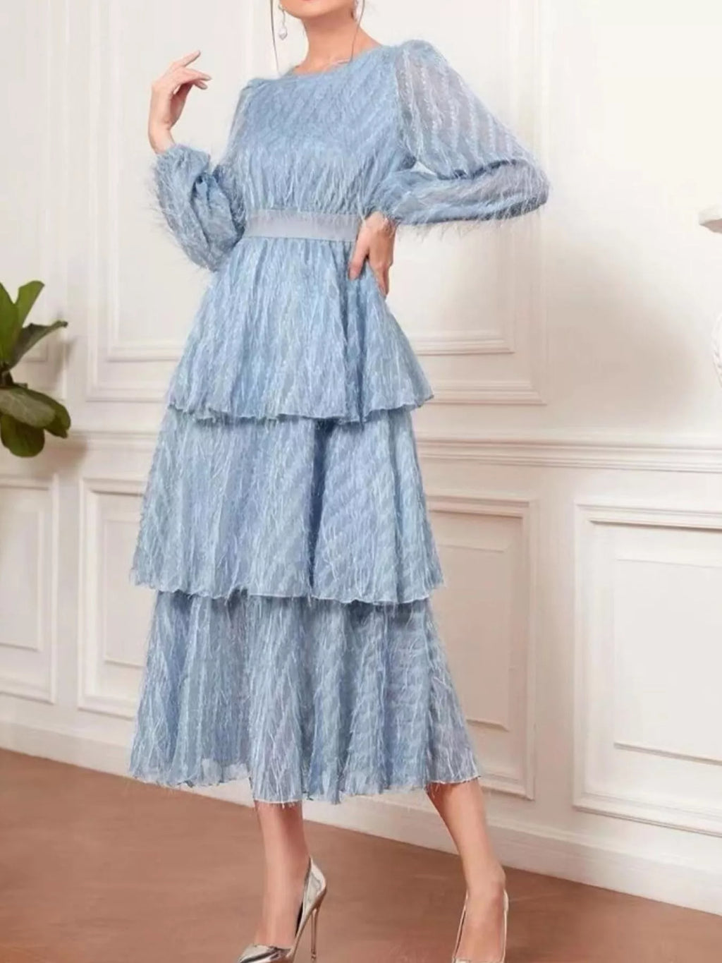 Full Size Layered Balloon Sleeve Midi Dress Plus (3)