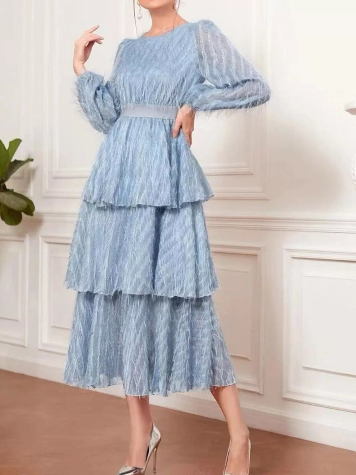 Full Size Layered Balloon Sleeve Midi Dress Plus (3)