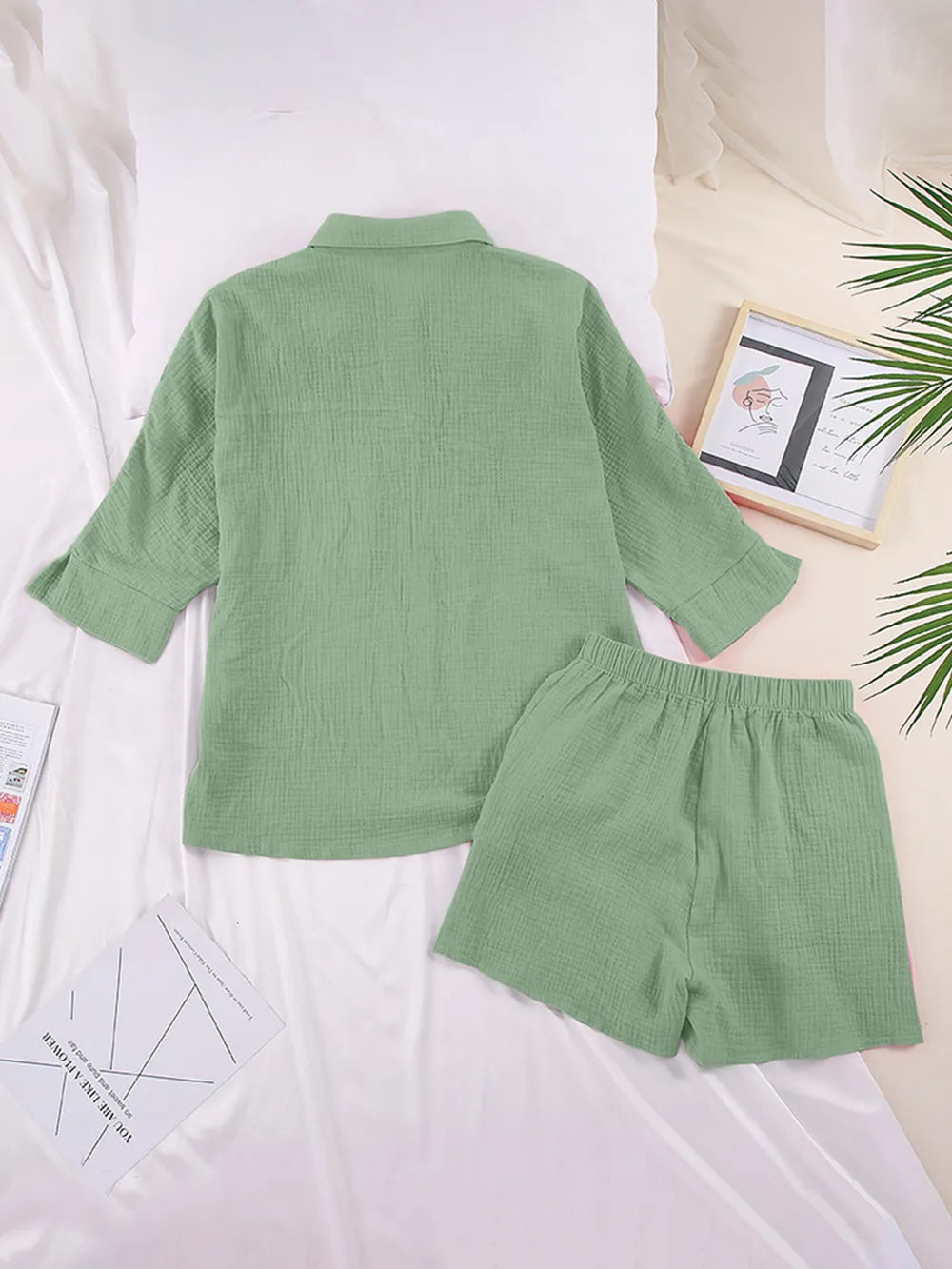 Texture Button Up Shirt Shorts Set (36)