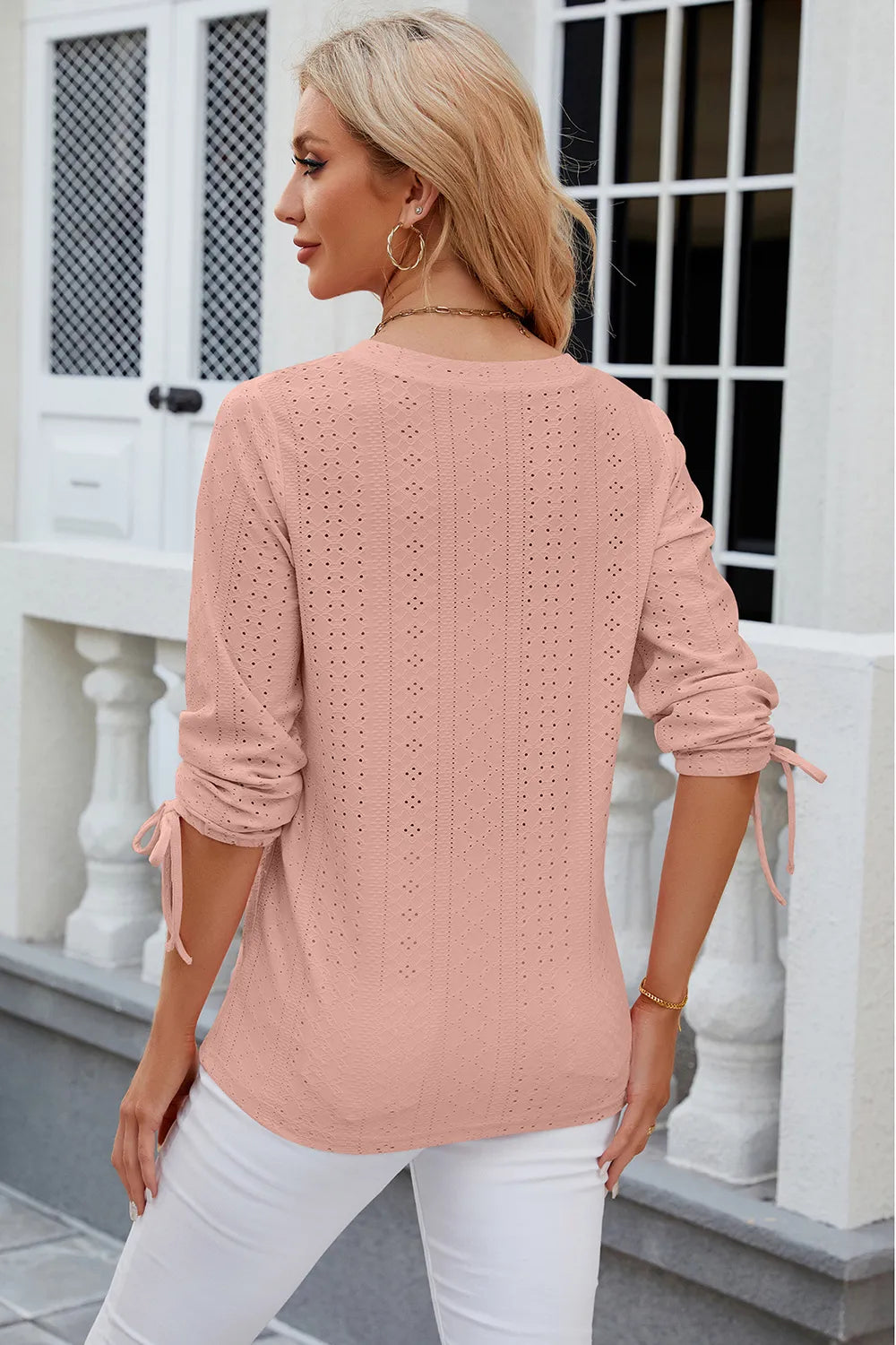 Eyelet Drawstring V-neck Half Sleeve T-shirt (12)