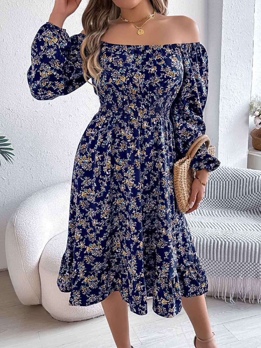 Floral Print Long Sleeve Square Neck Midi Dress (5)