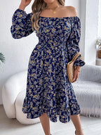 Floral Print Long Sleeve Square Neck Midi Dress (5)