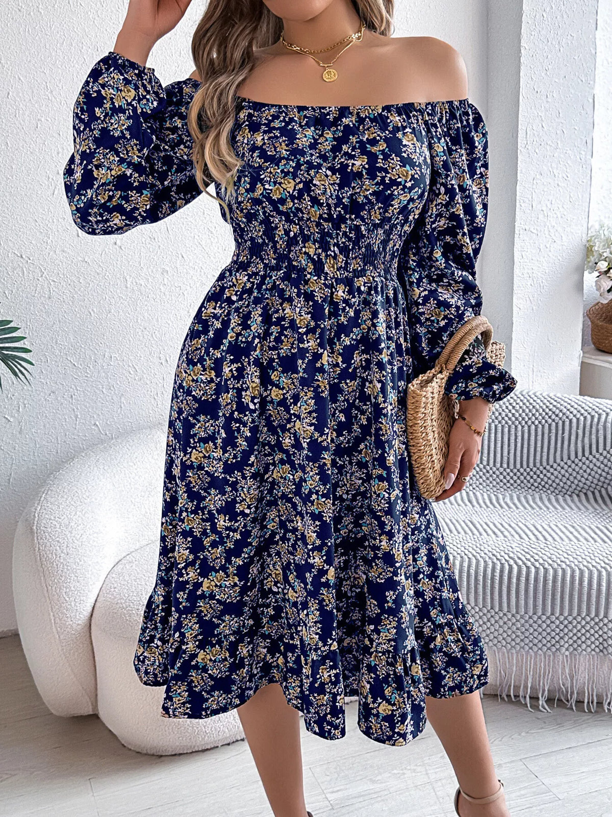Floral Print Long Sleeve Square Neck Midi Dress (5)