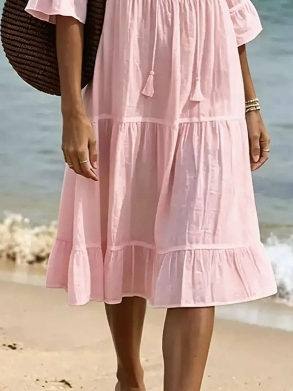 Full Size Tiered Tie Neck Flounce Sleeve Dress Plus (9)