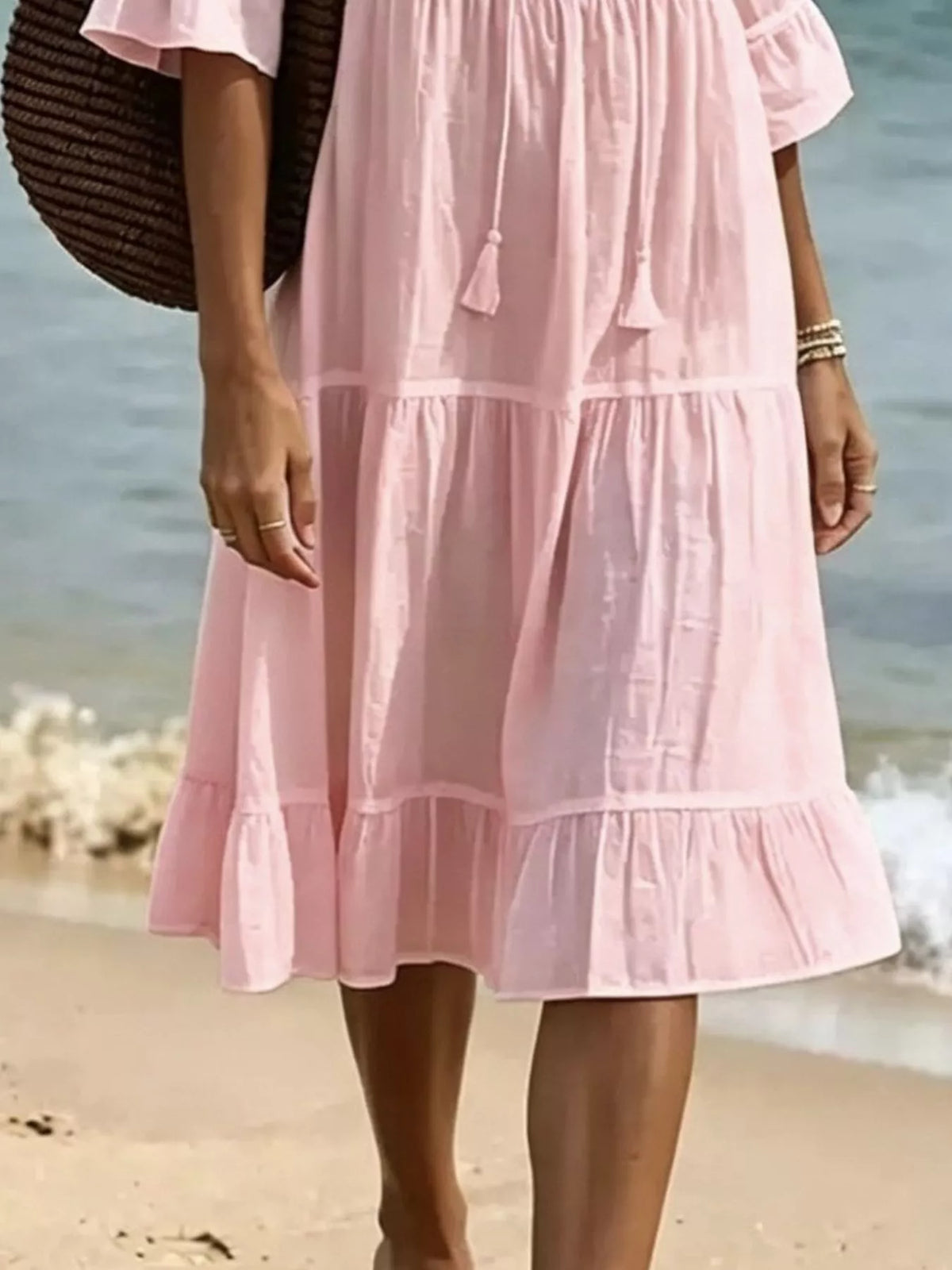 Full Size Tiered Tie Neck Flounce Sleeve Dress Plus (9)