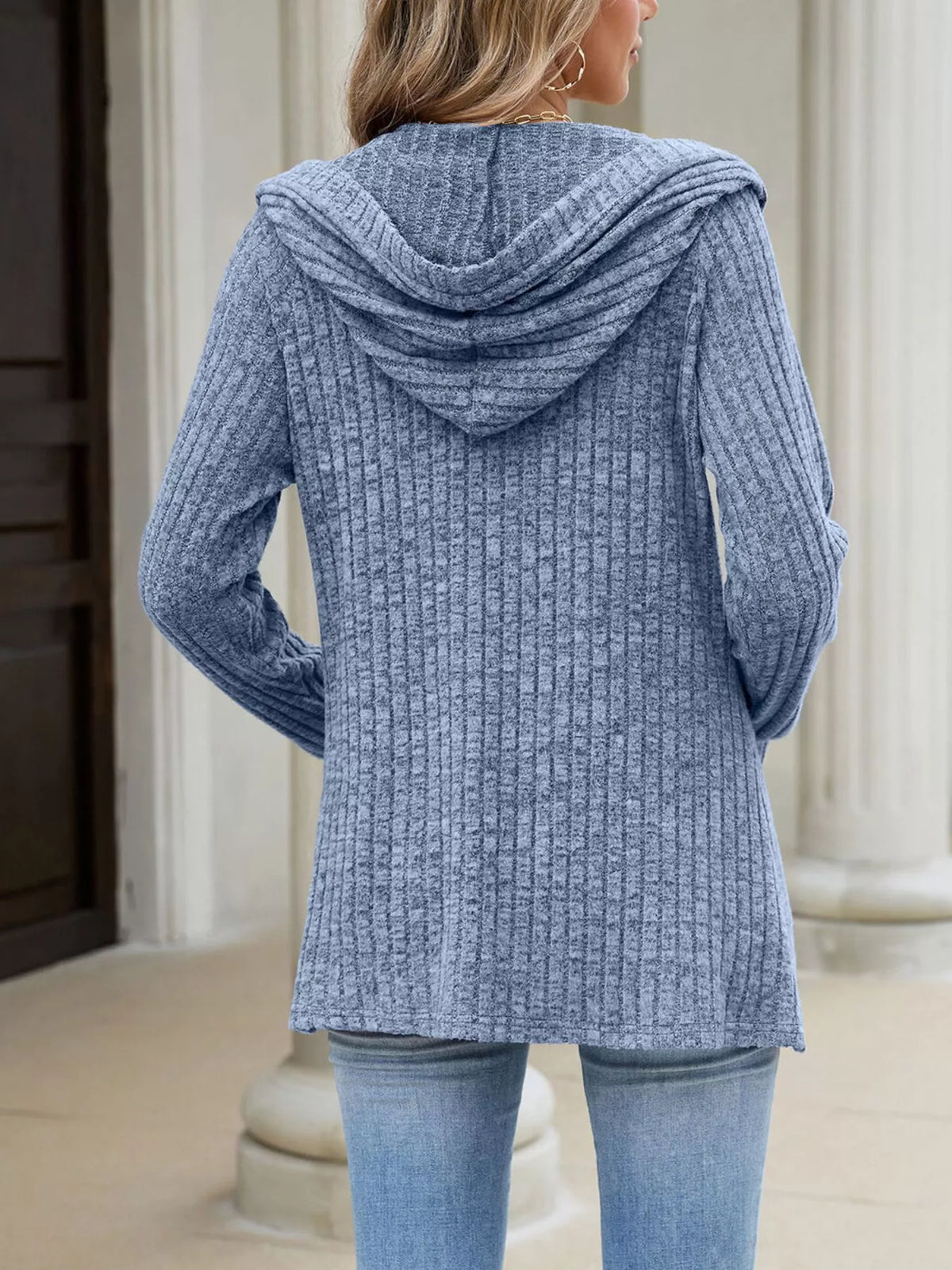 Ribbed Knit Hooded Button-down Cardigan (27)