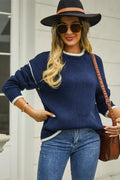 Round Neck Long Sleeve Waffle-knit Sweater