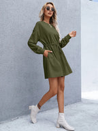 Drawstring Round Neck Dropped Shoulder Mini Dress (14)
