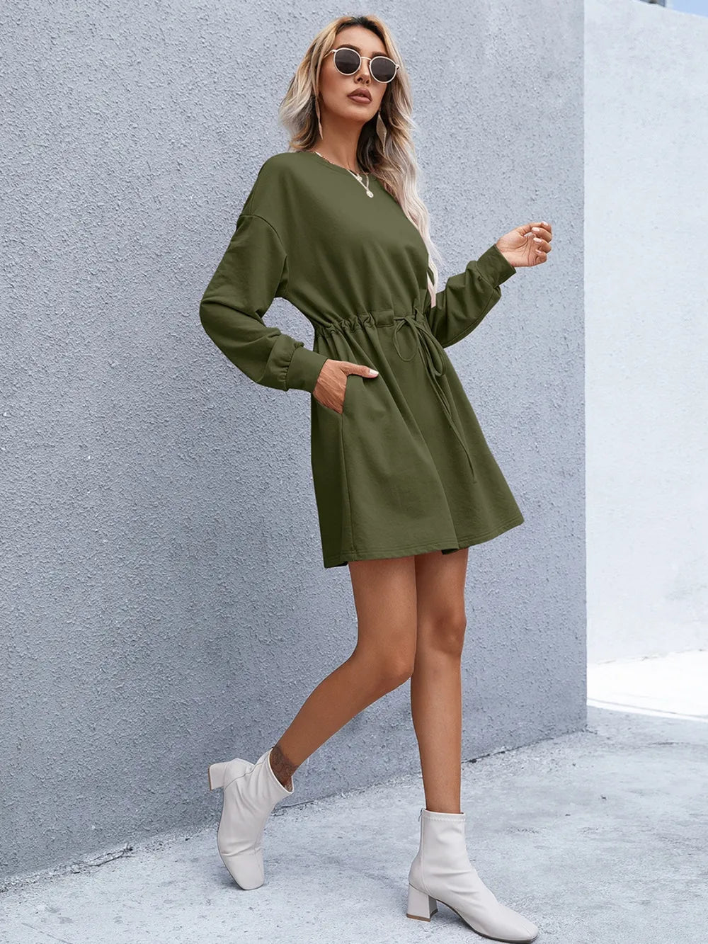 Drawstring Round Neck Dropped Shoulder Mini Dress (14)