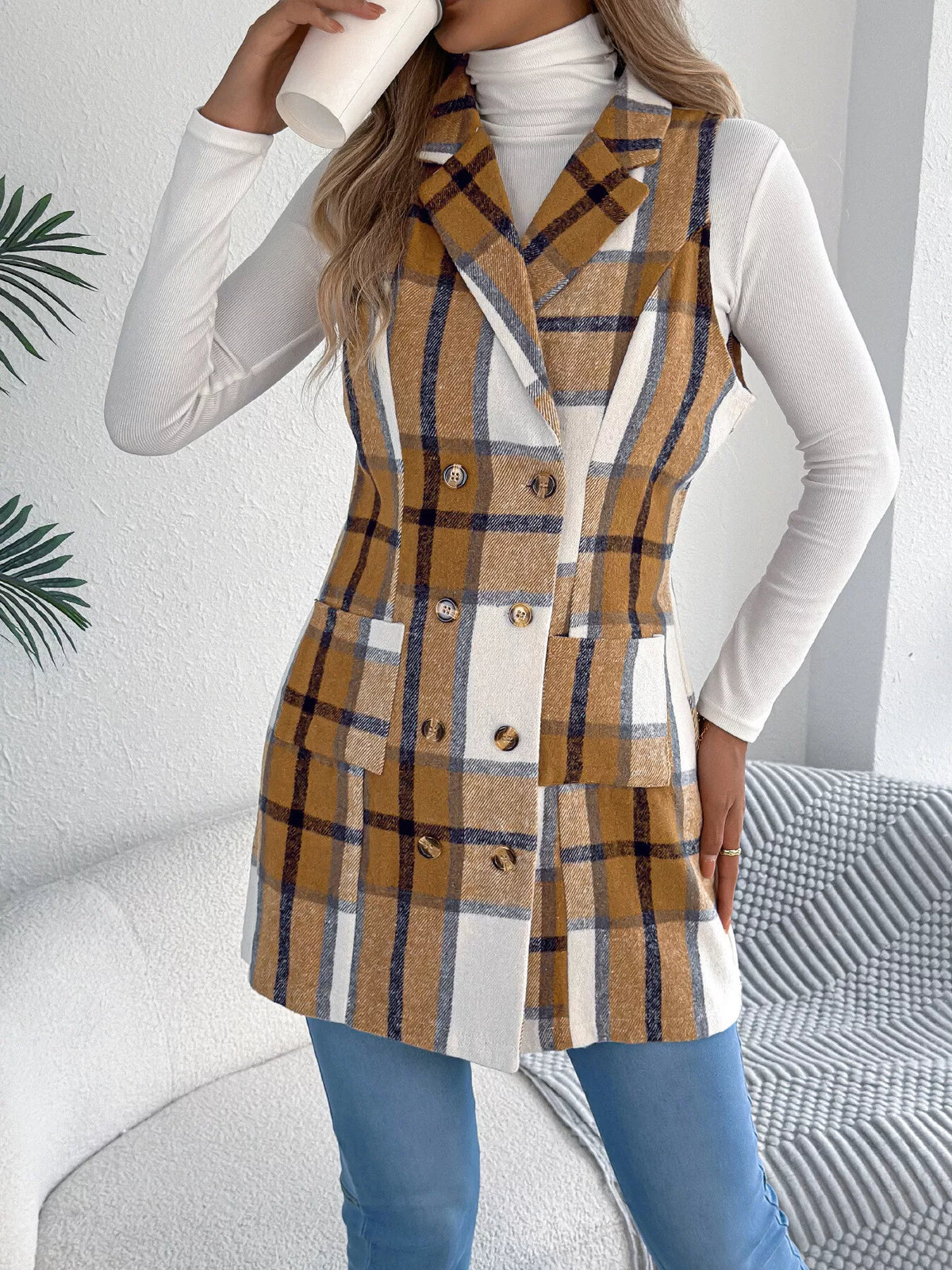 Plaid Double-breasted Vest Coat (5)