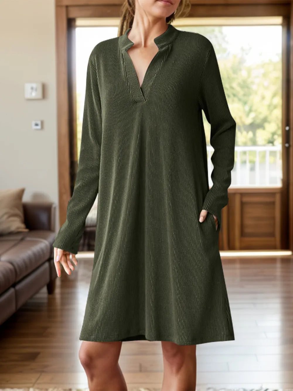 Notched Long Sleeve Mini Dress Pockets (11)