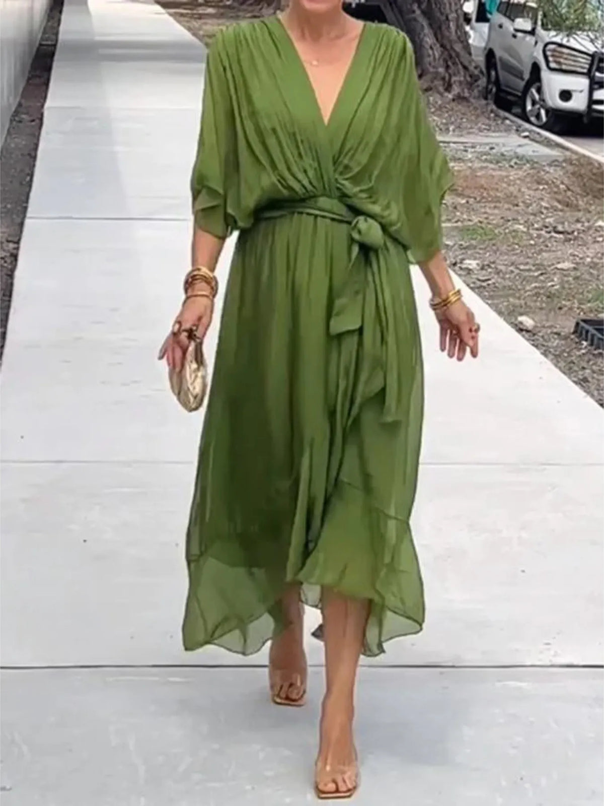 Full Size Flowy Tie Front Midi Dress Flutter Sleeves Plus (2)