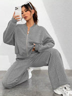 Casual Solid Color Zipper Jacket Wide Leg Pants Set (24)