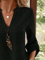 Casual Notched Roll-up Sleeve Pocket Blouse (9)