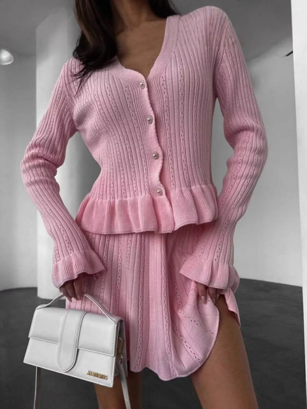 Ruffle Trim Knit Cardigan Skirt Set