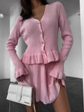 Ruffle Trim Knit Cardigan Skirt Set