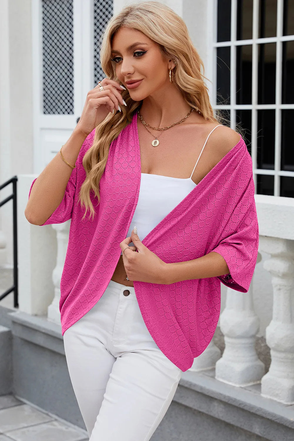 Eyelet Open Front Half Sleeve Cardigan (3)