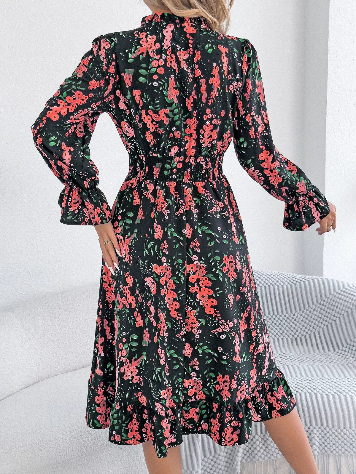Floral Print Ruffle Hem Flounce Sleeve A-line Dress (15)