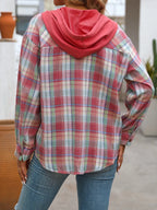 Plaid Button-up Hooded Shirt Chest Pocket (15)