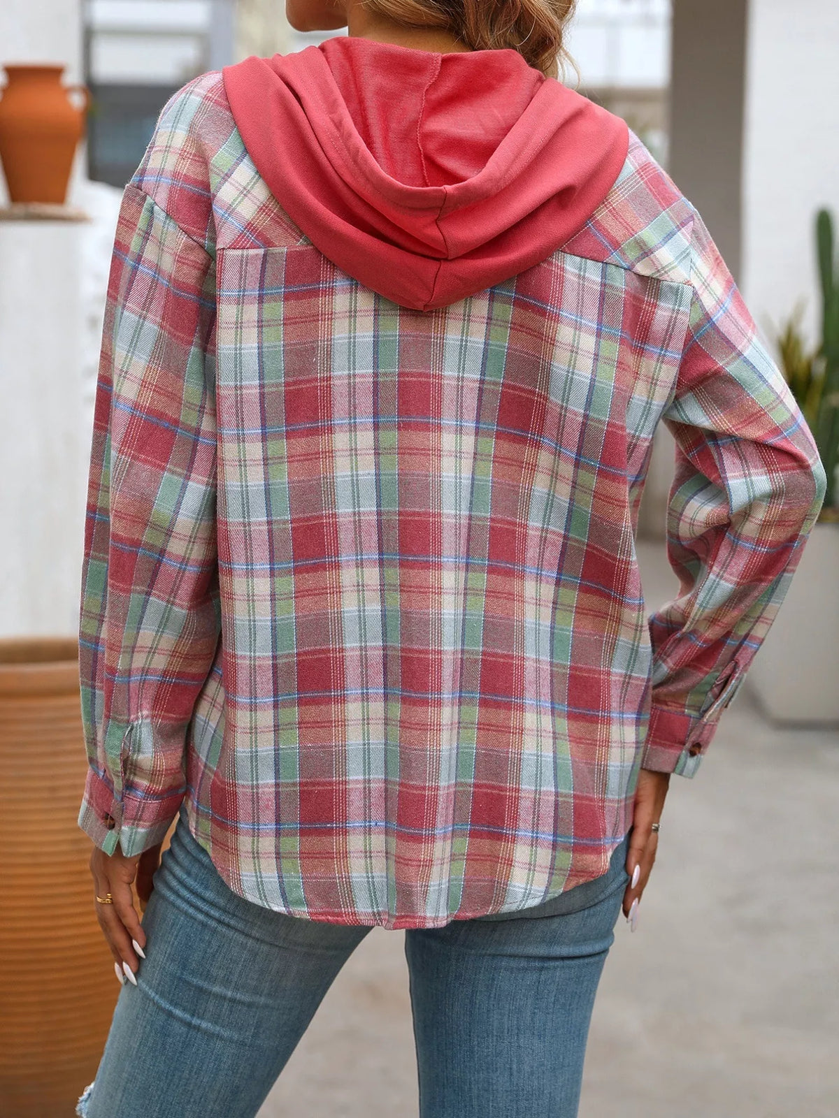 Plaid Button-up Hooded Shirt Chest Pocket (15)