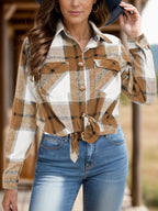 Full Size Pocketed Plaid Collared Neck Shacket (6)