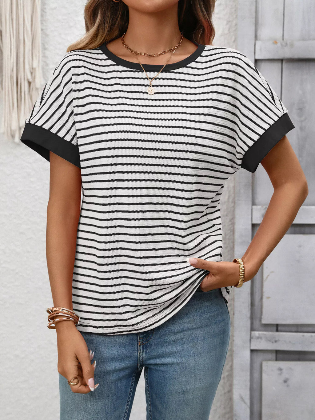 Striped Ribbed Knit Short Sleeve T-shirt (8)