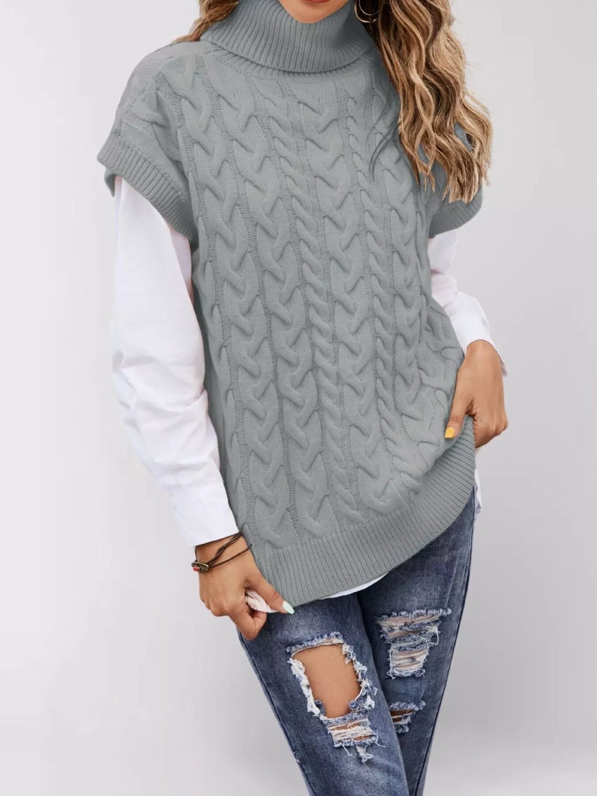 Chunky Knit Turtleneck Cap Sleeve Sweater (7)