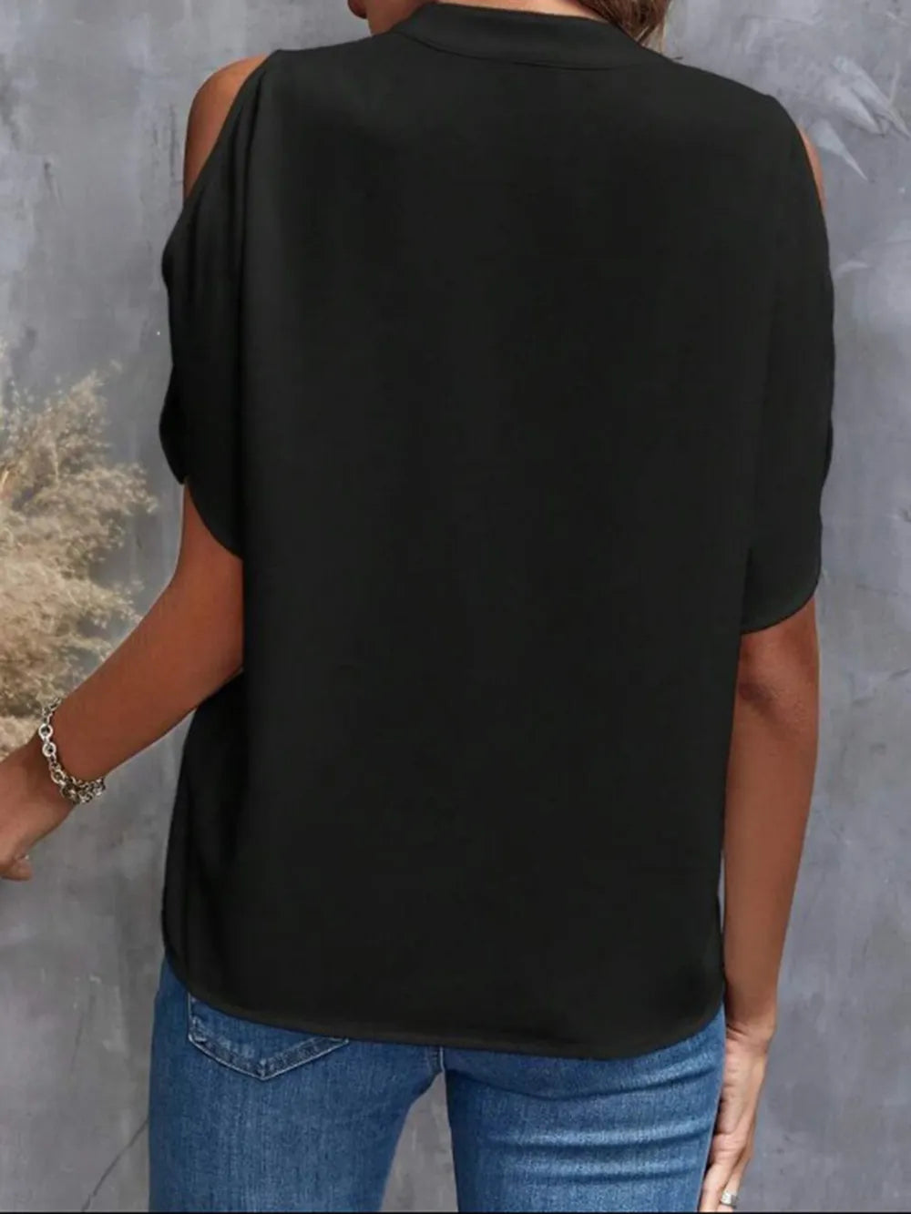 Notched Cold Shoulder Half Sleeve Blouse (12)