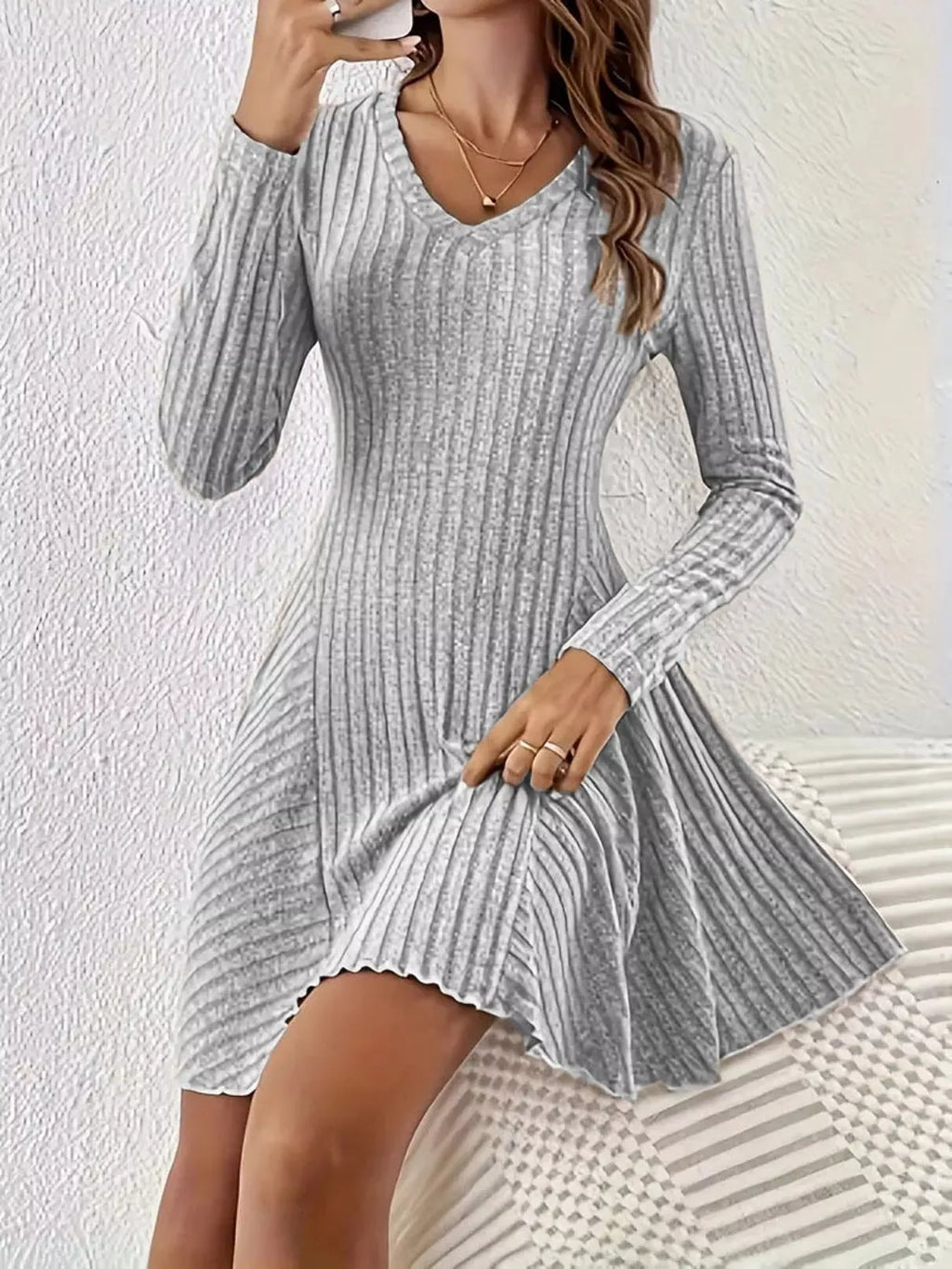 V-neck Ribbed Knit A-line Dress (28)