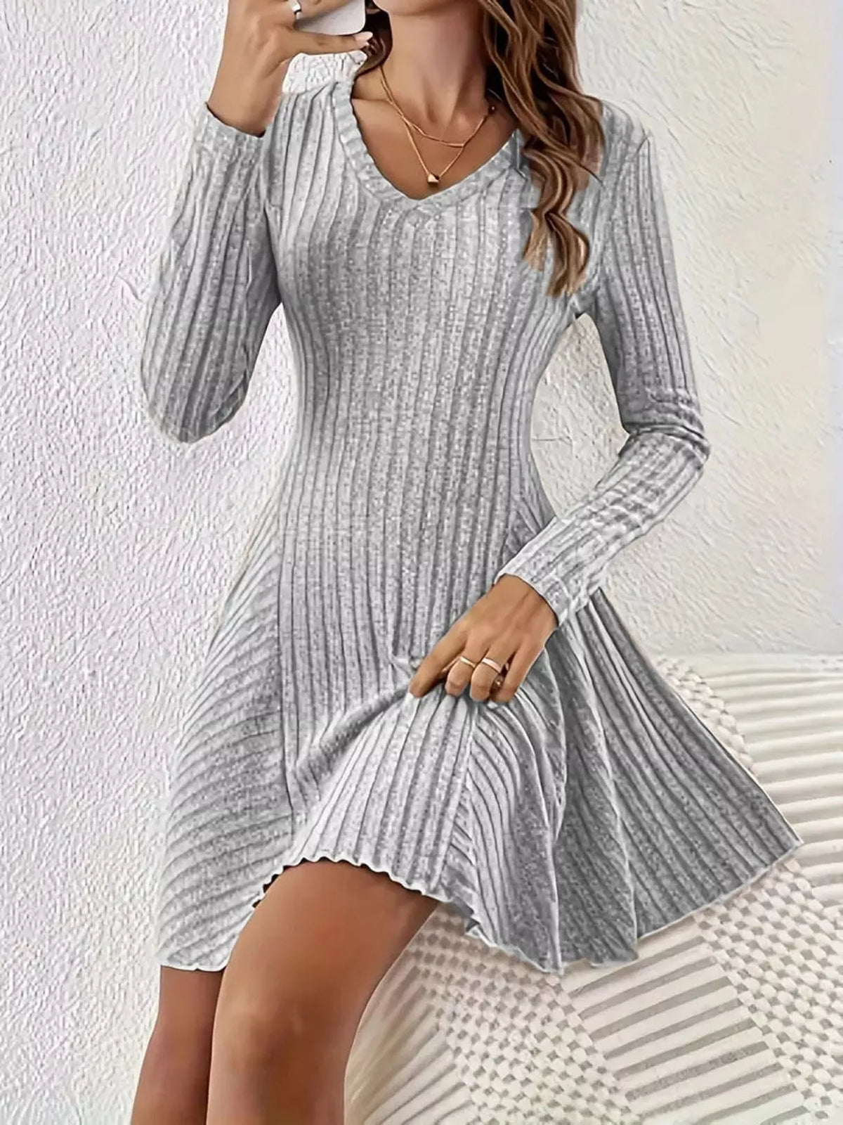 V-neck Ribbed Knit A-line Dress (28)