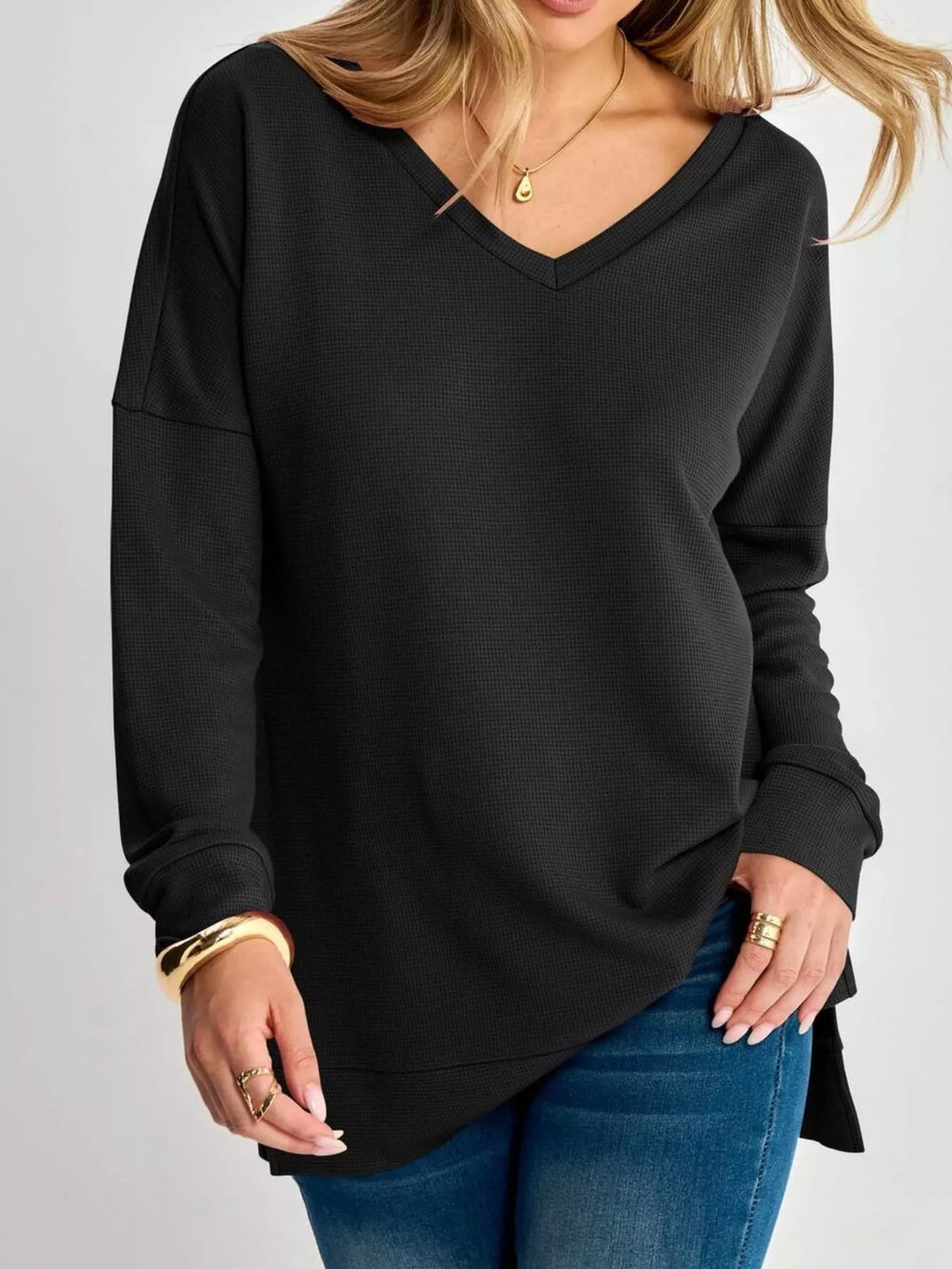 Side Slit Waffle Knit V-neck T-shirt (2)