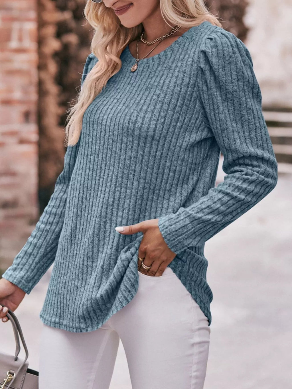Ribbed Knit Puff Sleeve T-shirt (14)