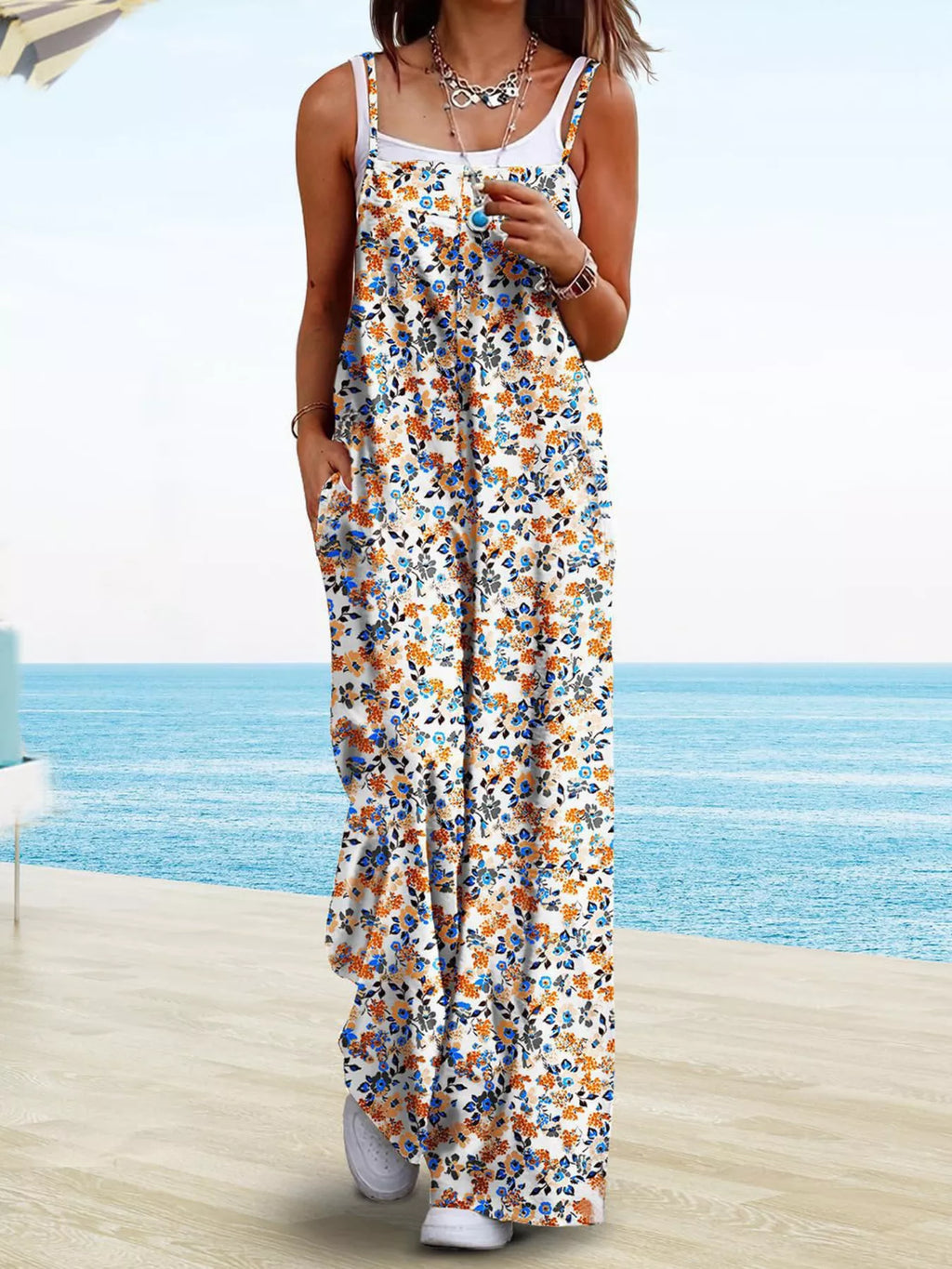 Full Size Floral Print Wide Leg Spaghetti Strap Overalls (2)