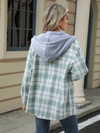 Drawstring Plaid Button Up Hooded Jacket (2)